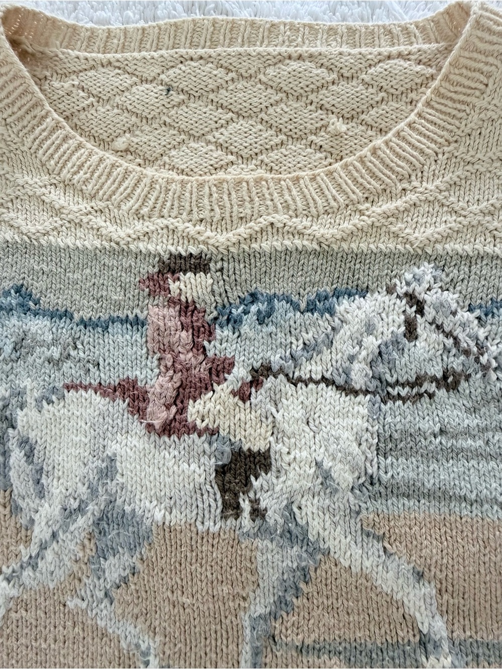 Vintage Y2K Ralph Lauren Beige Patchwork Horse-Print Crewneck Sweater - Picture 4 of 9